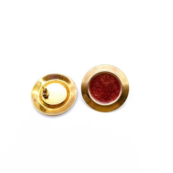 Chic Enamel Stud Earrings, Vintage Burgundy Circles on Gold Tone - Picture 4 of 4